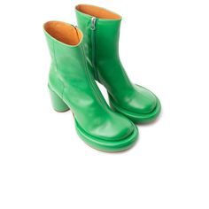 Detail(s): Round Toe 3.25'' Heel Medial Side Zipper Closure Material(s): Leather Upper Leather Insole & Lining Handmade in Spain Color(s): Green Cool Heels, Boots With Laces, Green Platform, Green Boots, Gogo Boots, Convertible Dress, Green Leather, Fashion Ideas, Rubber Rain Boots