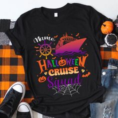 "Halloween Cruise Squad Shirt, Personalized Family Halloween Shirts, Halloween Matching Shirt, Trip Cruise Crew Shirt, Halloween Party Gift Hi! Welcome to ThamDessignLTD.  We're thrilled to have you here!  At ThamDessignLTD, we offer a range of clean, high-quality, and soft shirts. Each item is carefully prepared by our boutique and undergoes thorough ironing before being shipped to you. We want you to have a seamless shopping experience and enjoy browsing through our collection. If you have any questions or need assistance, please don't hesitate to reach out to us. We're here to help you at any time. To ensure the perfect fit, we kindly request you to check our size cards before making your purchase. It will help you find the right size and ensure that you're completely satisfied with you Fun Black T-shirt For Costume Party, Black Fun T-shirt For Costume Party, Black Shirt For Halloween Costume Party, Halloween Costume Party T-shirt With Letter Print, Halloween Costume Party Letter Print T-shirt, Halloween Letter Print T-shirt For Costume Party, Family Halloween Shirts, Halloween Matching, Halloween Party Gifts