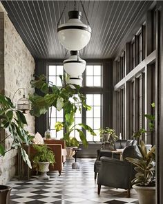 a living room filled with furniture and lots of green plants on top of a black and white checkered floor