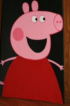 a painting of peppa pig on a black and red background with wood planks