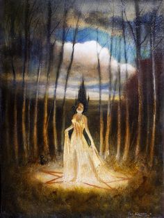 a painting of a woman standing in the woods