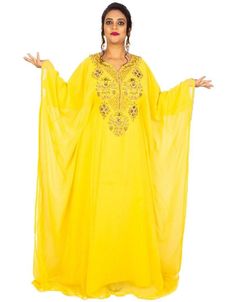 Mashallah! ❤️ Chic Party kaftan farasha patterned Yellow 👗 Order Online latest Embroidered Kaftan which are made up from best quality fabrics with latest styles from our large collections at https://bit.ly/3eafqPe Shop Now : https://bit.ly/3Brz43o Buy online @ $70 #kaftanmaxidresses #longkaftans #maxikaftans #muslimovergarments #designerkaftan #kaftandressespakistani #arabicattire #caftan Chiffon Kaftan, Modest Evening Dress, Dubai Abaya, Kaftan Abaya, Zari Embroidery, Moroccan Kaftan, Dress With Embroidery, Long Kaftan, Yellow Shop