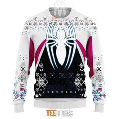 a spiderman sweater with snowflakes on it