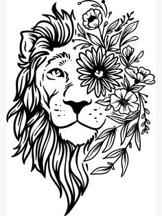 a lion with flowers on its head and the word love is written in black ink