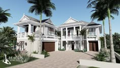 this is an artist's rendering of a house with palm trees in the front yard