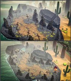 two screens showing the same scene in an animated game