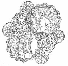 a black and white drawing of an abstract flower arrangement with roses, leaves and other flowers