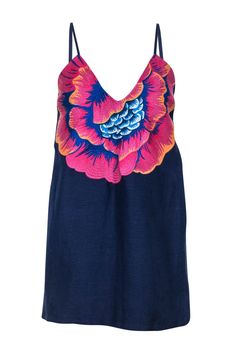 Current Boutique-Mara Hoffman - Dark Blue Floral Embroidered Sleeveless Tunic Top Sz M Spring Floral Embroidery Tank Top, Embroidered V-neck Tank Top For Spring, Summer Vacation Tank Top With Floral Embroidery, Floral Embroidered Tank Top For Summer, Summer Tank Top With Floral Embroidery For Vacation, Floral Embroidered Tank Top For Spring, Summer Floral Embroidery Tank Top For Vacation, Floral Embroidery Cotton Tank Top, Cotton Tank Top With Floral Embroidery