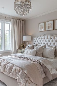 a bedroom with a bed, chandelier and two pictures on the wall above it