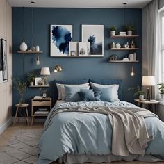 a bedroom with blue walls and pictures on the wall above the bed, along with two nightstands