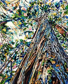 an abstract painting of a tree with lots of leaves on it's trunk and branches