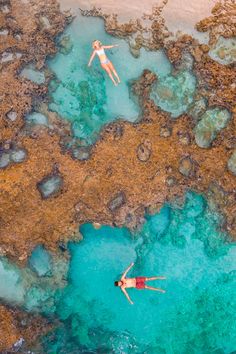 two people are swimming in the water near some rocks and corals on the beach