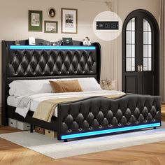 a bed with black leather headboard and blue lights on the foot board, in a room with hardwood floors