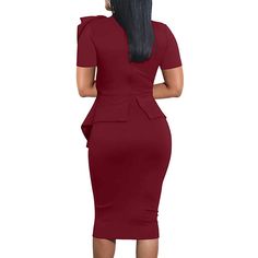 Burgundy Bow Knot Ruffle Hem Bodycon Pencil Dress Fitted Knee-length Ruffled Bodycon Dress, Fitted Knee-length Bodycon Dress With Ruffles, Ruffled Fitted Bodycon Dress With Short Sleeves, Knee-length Ruffled Bodycon Dress For Work, Chic Ruffled Bodycon Dress For Work, Chic Ruffled Bodycon Dress For Office, Elegant Short Sleeve Bodycon Dress With Ruffles, Ruffled Sheath Bodycon Dress For Work, Sheath Bodycon Dress With Ruffles For Work