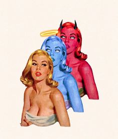 three different colored women with horns on their heads