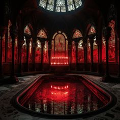 the inside of an ornate building with red lighting on it's walls and floor