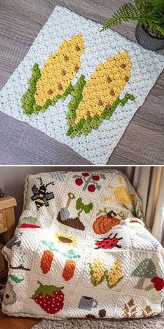 there are two pictures of the same rugs on the floor and one is made out of crochet