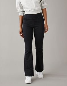 Stretch High Rise Pull-on Pants, Classic High Rise Elastane Bottoms, Fitted Denim Bottoms With Elastic Waistband, Classic Stretch High Waist Flare Jeans, Dark Wash Stretch Cotton Flare Jeans, Stretch Elastane Wide Leg Flare Jeans, Mid-rise Cotton Pants With Pull-on Style, Fitted Dark Wash Bottoms With 5-inch Inseam, Stretch High Waist Flare Jeans