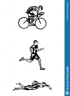 three different silhouettes of people riding bicycles and running on the same bike track,