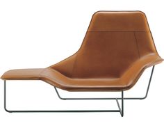 a brown leather lounge chair sitting on top of a metal frame with measurements for the seat