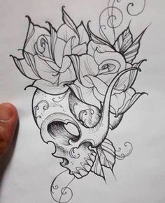 a drawing of a skull with roses on it's head and an elephant in the middle