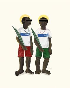 two black men in white shirts and red shorts are standing next to each other, one is holding a knife