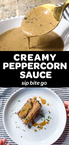 creamy peppercorn sauce in a white bowl with a spoon