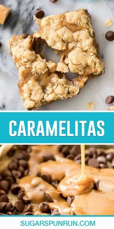 caramelia cookie bars with chocolate chips on top and the title above it reads, caramelias