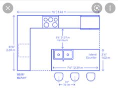 a drawing of a kitchen with an island countertop and sink, measurements for the width