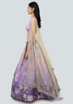 Amethyst ombre satin organza lehenga with lurex appliqued and embellished with organza sleeveless blouse and net dupatta with border. Evening Organza Lehenga With Dupatta, Organza Lehenga For Evening Party Wear, Bollywood Style Hand Embellished Silk Lehenga, Evening Semi-stitched Organza Lehenga, Festive Evening Organza Lehenga, Designer Hand Embellished Silk Lehenga, Bollywood Style Evening Organza Sets, Evening Sets With Dupatta In Organza, Hand Embellished Purple Lehenga For Wedding