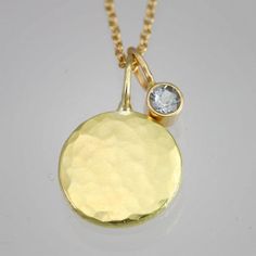 Hammered Disc with Aquamarine Drop Necklace in 14k Gold (16") 14k Yellow Gold Birthstone Necklace With Round Pendant, Yellow Gold Charm Necklace With Round Pendant, Tarnish Resistant Yellow Gold Birthstone Pendant Necklace, Yellow Gold Birthstone Necklace With Round Pendant, Gold Plated Yellow Gold Birthstone Necklace, Yellow Gold Plated Birthstone Necklace With Round Pendant, Gold-plated Yellow Gold Birthstone Necklace, Yellow Gold Hammered Round Disc Necklace, Recycled Gold Round Birthstone Necklaces