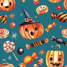 watercolor halloween pumpkins with candy and candies on a blue background seamless pattern