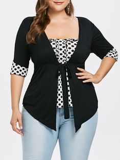 Plus Size Color Blocking Faux Twinset T-shirt - Black - 3982228416 - Original Design-Women's Clothing, T-Shirts  #TShirts #Original #DesignWomen's #Clothing # #TShirts Blouses Vintage, Look Plus Size, Casual Shirt Women, Plus Size Kleidung, Blouse Vintage, Ladies Tops Fashion, Plus Size T Shirts, Dot Print, Fashion Tops