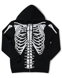 Cozy up to the dark side with this skeleton hoodie! This fun black hoodie featuring a skeleton's bones is the perfect way to stay warm and get noticed whenever you wear it. Crewneck Long sleeves Material: Cotton, polyester fleece Care: Machine wash; tumble dry low Imported This shirt is Unisex Sizing only For a fitted look, order one size smaller than your normal size Skeleton Hoodie Outfit, Skeleton Shirt Outfit, Skeleton Jacket, Skeleton Zip Up, Skeleton Y2k Hoodie, Skeleton Sweatshirt, Black Skeleton Zip Up Hoodie, Skeleton Clothes, Boy Hoodie