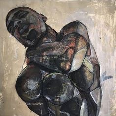 an abstract painting of a person hugging each other