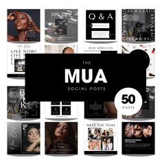 the mua social posts are displayed with black and white images, including women's faces