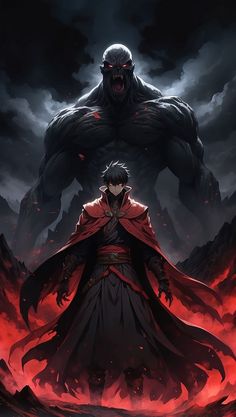 an anime character standing in front of a demonic demon with his hands on his hips