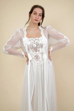 Shoppe Flora - Orchid Nightgown Set- Vintage Lace Patchwork Gown For Wedding Night, Lace Gown With Sheer Bodice For Wedding Night, Evening Lace Nightgown With Delicate Details, White Feminine Gown With Lace Trim, Feminine White Gown With Lace Trim, Delicate Lace Nightgown For Weddings, Evening Lace Nightgown With Lace Trim, Lace Nightgown For Wedding Night With Delicate Lace, Feminine Wedding Nightgown With Lace Patchwork