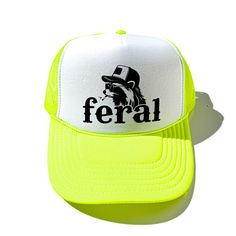 Feral Trucker Hat - Etsy Green Trucker Hat For Summer Streetwear, Fun Snapback Trucker Hat For Streetwear, Yellow Trucker Hat For Summer, One Size Fits Most Streetwear 5-panel Trucker Hat, Fun Flat Bill Trucker Hat For Streetwear, Green Flat Bill Trucker Hat For Summer, Summer Green Flat Bill Trucker Hat, Yellow Trucker Snapback Hat, Summer Hip Hop Trucker Hat With Flat Brim