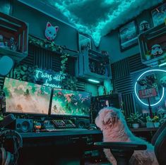 a dog sitting in front of a computer desk with two monitors on top of it