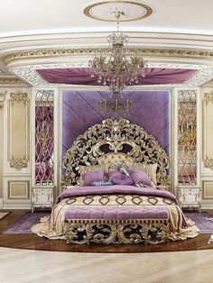 a fancy bedroom with an elaborate bed and chandelier in the center, along with purple curtains