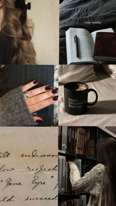 a collage of photos with books, coffee cup and handwritten note on it