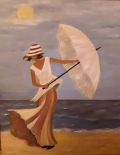 a painting of a woman holding an umbrella on the beach