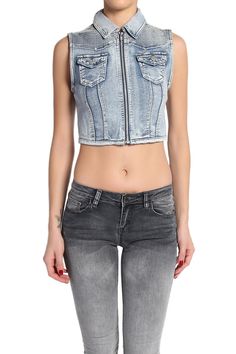 TheMogan Stitched Shoulder Zip Up Crop Denim Vest Crop Denim Vest, Zip Ups, My Style