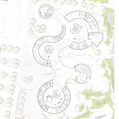 an aerial view of the ground plan for a building with circular stairs and trees on each side