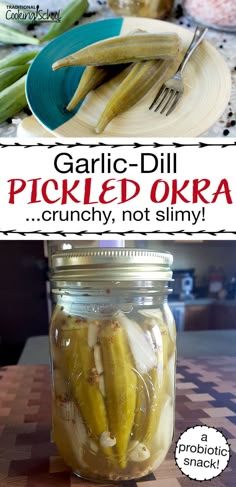 garlic dill pickled okra in a glass jar on a checkered table cloth