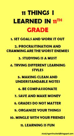 a yellow poster with the words 11 things i learned in 11th grade