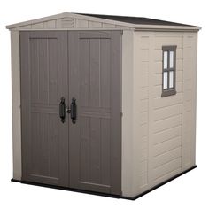 an outdoor storage shed with two doors and windows