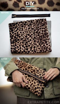 the before and after photo shows how to make an animal print clutch bag with zippers