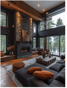 a living room filled with furniture and a fire place